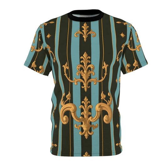 Elegant Patterned Unisex Tee, Vibrant Graphic T-Shirt, Fashionable Casual Top, Unique Gift for Him/Her - Black & Turquoise Striped Baroque