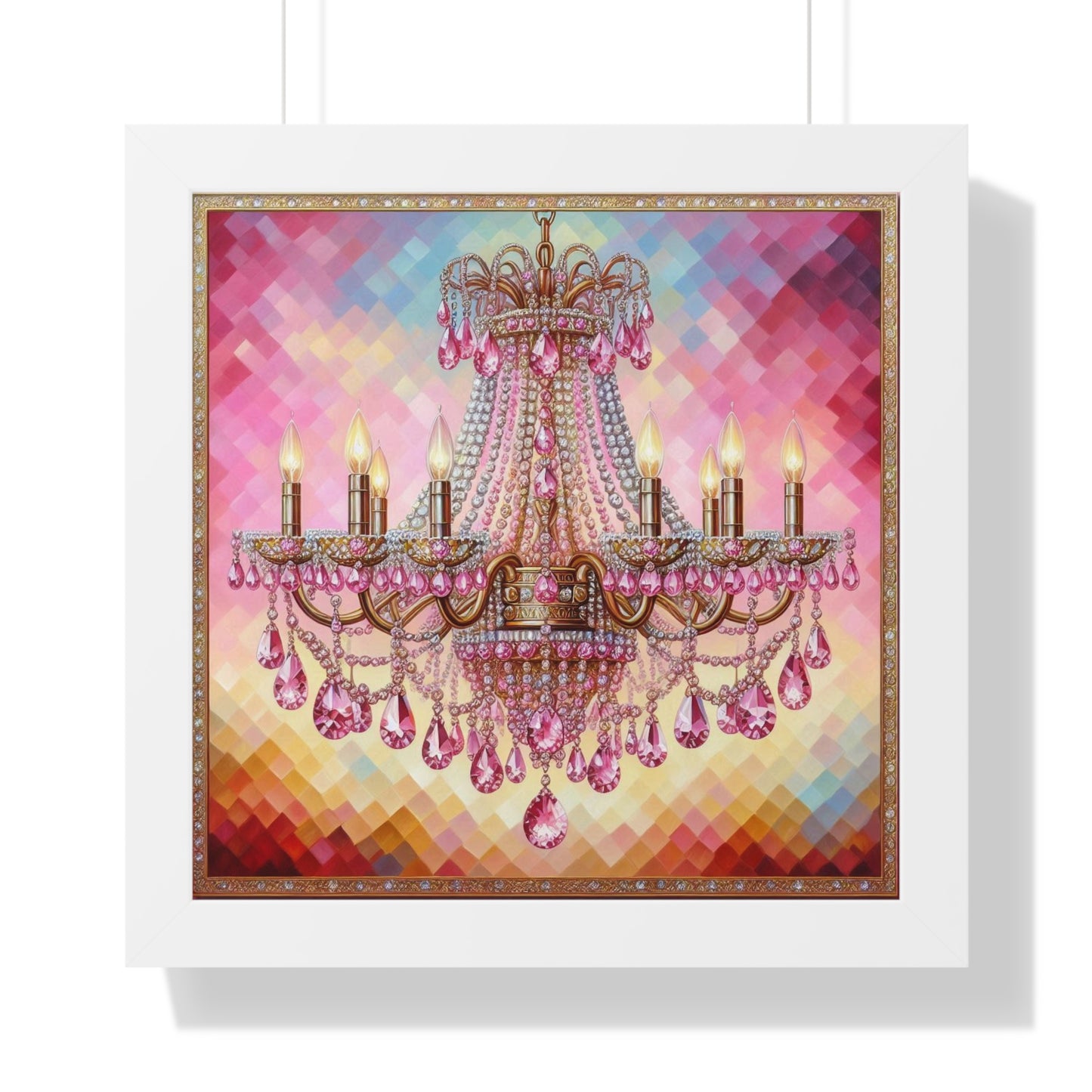 Elegant Chandelier Framed Poster, Glam Home Decor, Wall Art, Bridal Shower Gift, Living Room Decoration, Luxury Wall Art - Pink Jeweled Chandelier