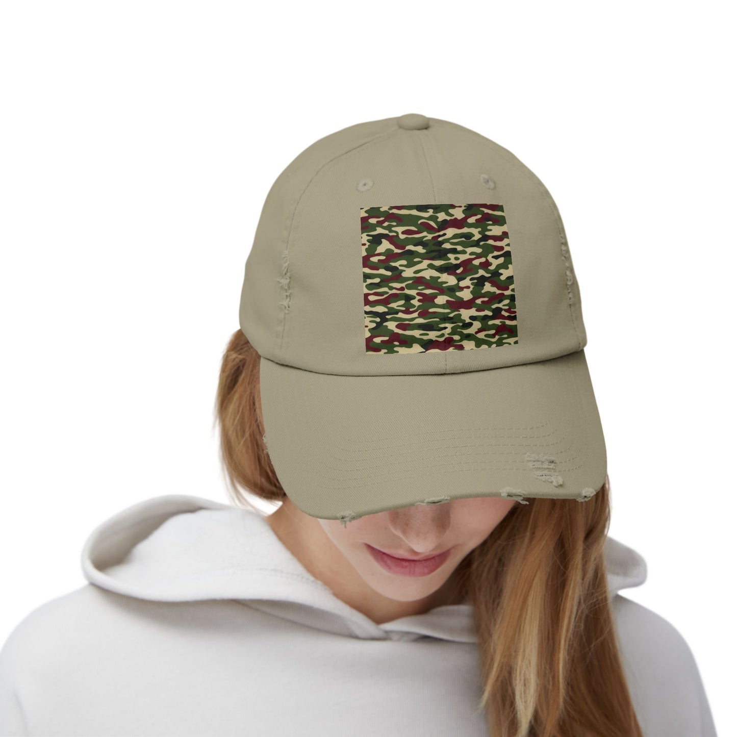 Camo Distressed Cap | Unisex Fashion Hat, Trendy Outdoor Accessory, Gift for Him/Her, Casual Wear, Sports Cap - Army Green & Burgundy Camo