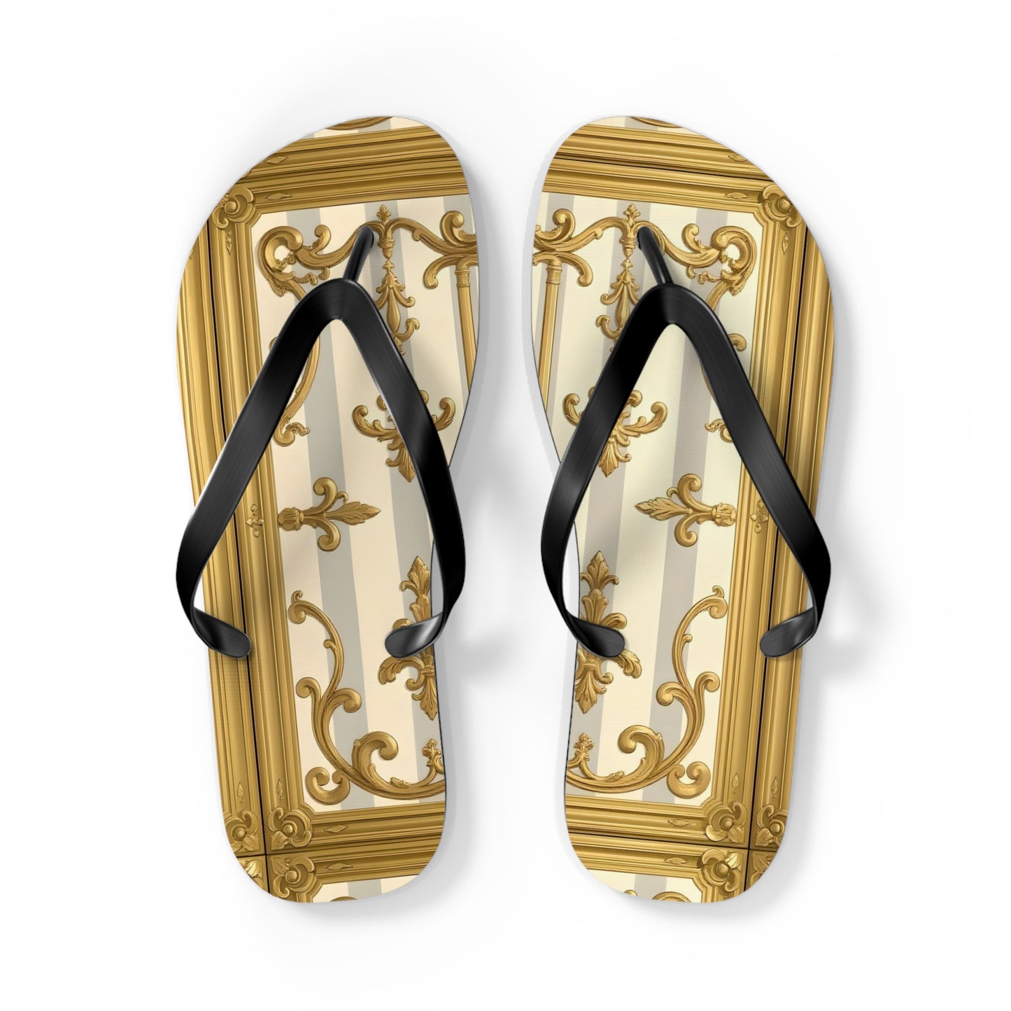 Chic Decorative Flip Flops for Beach, Summer Vibes, Vacation Footwear, Luxury Poolside Slippers - Matte Gray & Cream Striped Gold Baroque