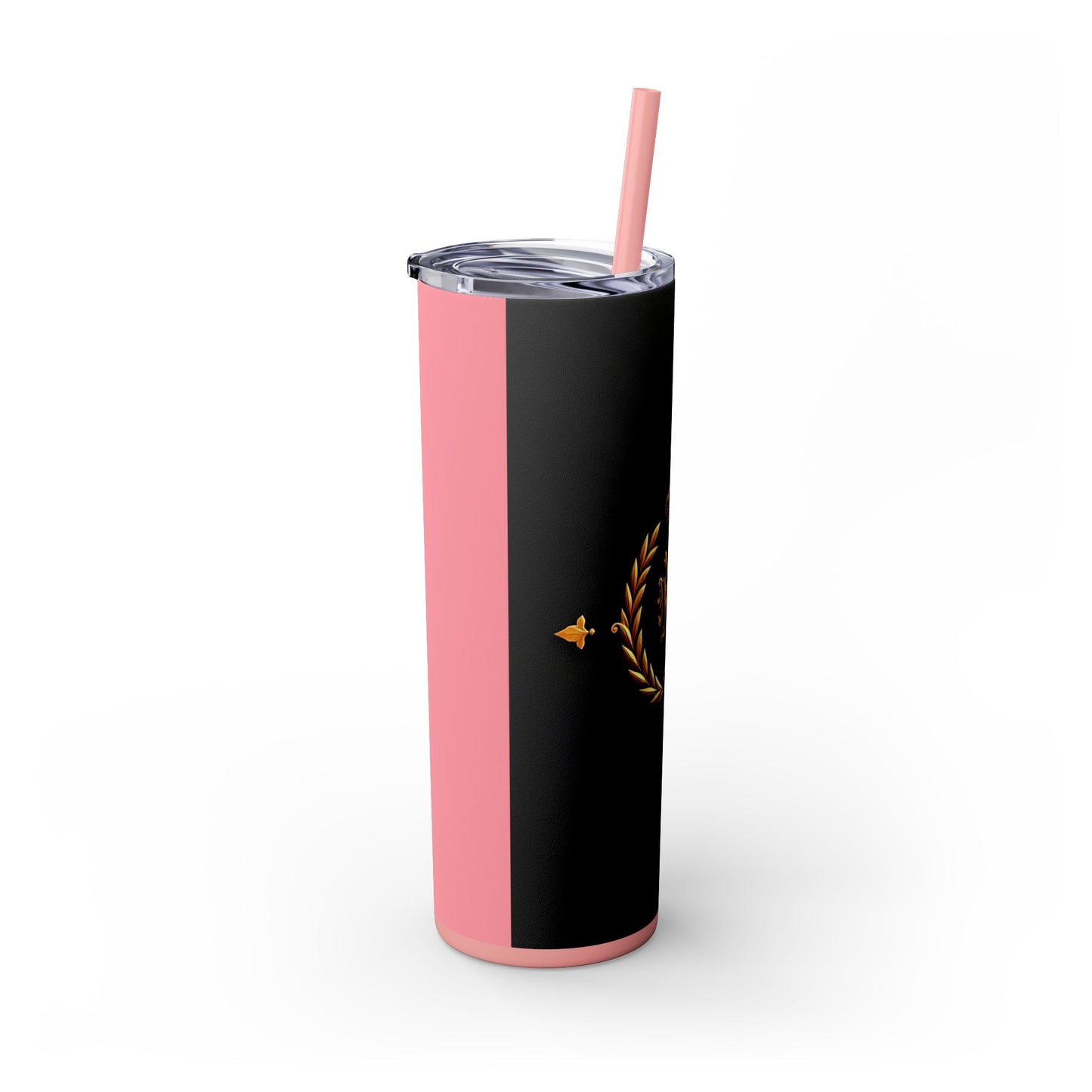 Elegant Royal Themed Skinny Tumbler, Chic Drinkware for Parties, Daily Hydration, Gifts for Her, Travel Mug, Reusable Straw - Pink Striped Gold Crest