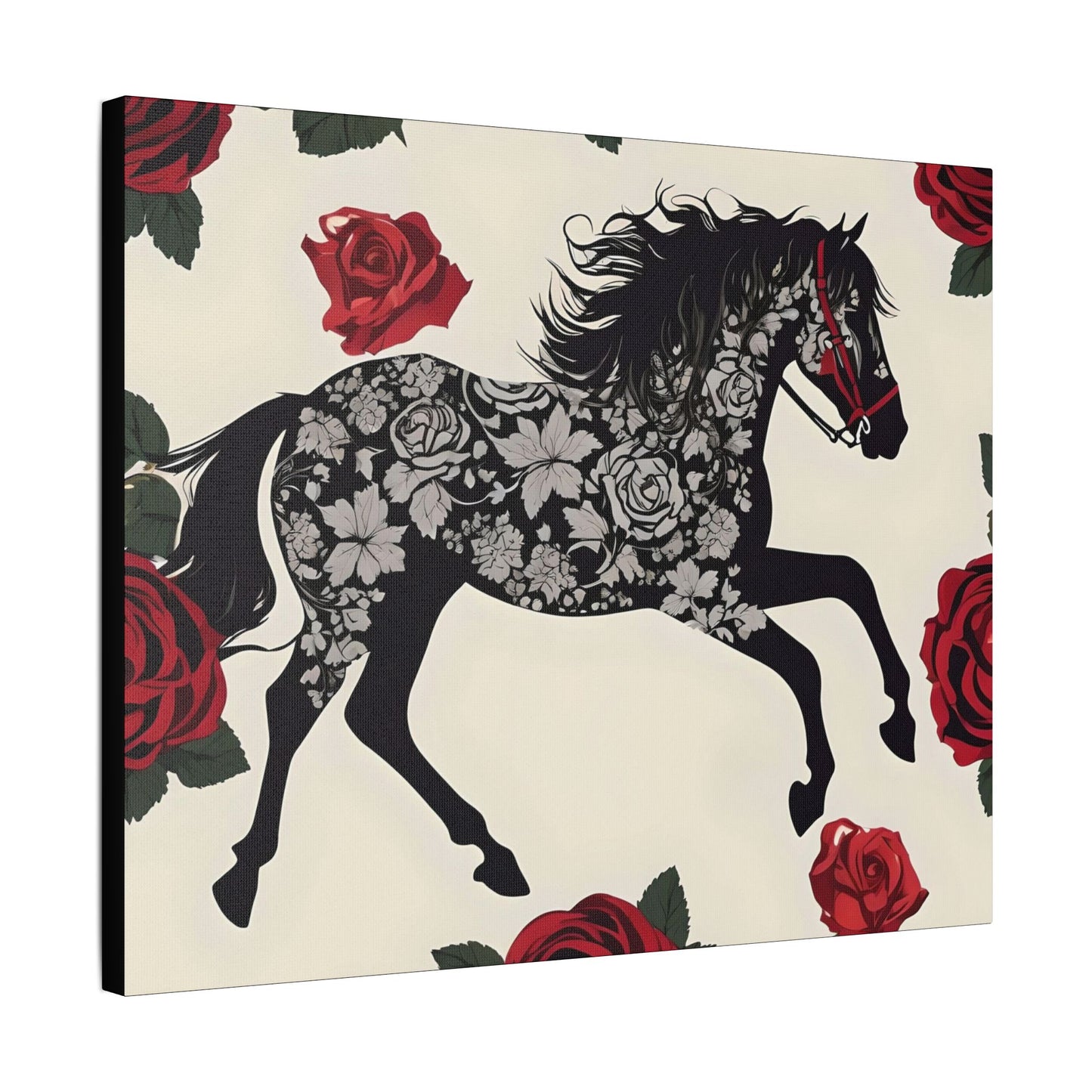 Art Print Canvas, Wall Decor, Satin Stretched Canvas, Equestrian Art, Office Decor, Home Decor - Horse & Roses