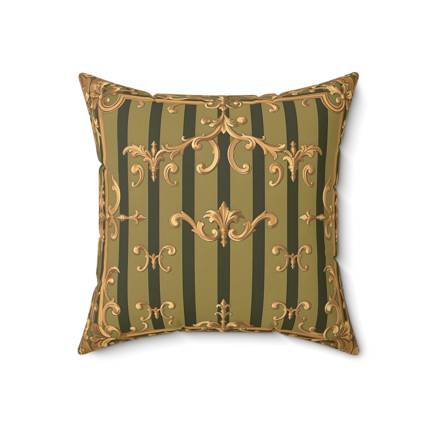 Elegant Faux Suede Square Pillow with Antique Gold Pattern, Decorative Cushion for Home Decor - Olive Green Striped Rococo