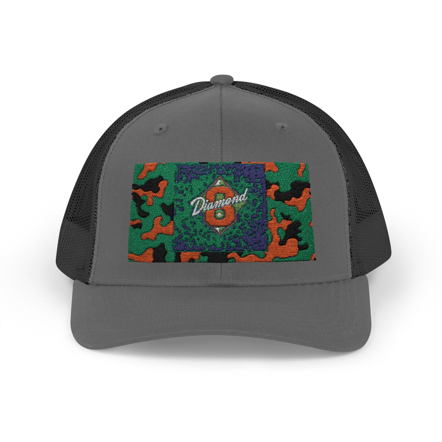 Colorful Camouflage Snapback Trucker Cap, Casual Hat, Outdoor Gear, Unisex Headwear, Gift for Him/Her - Green & Orange Camo Diamond 8