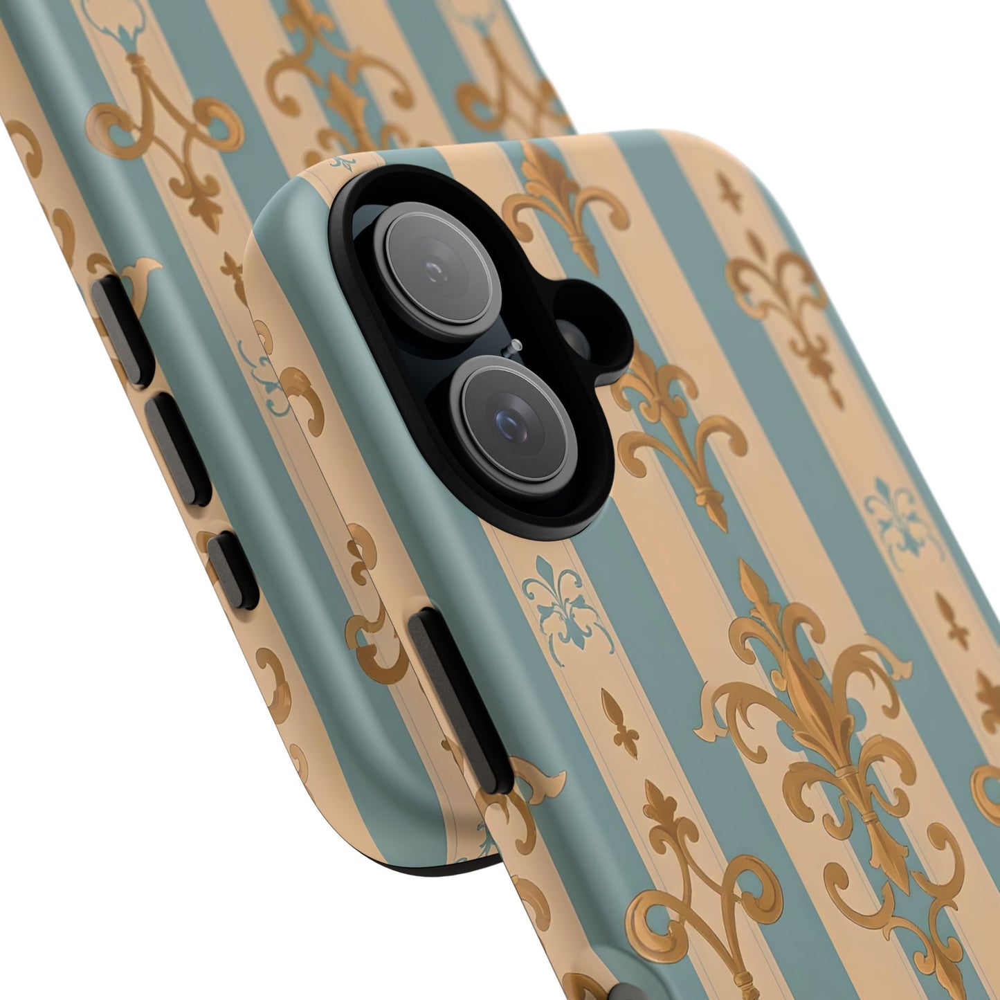 Elegant Floral Motif Phone Case - Tough Cases with Vintage Design -  Beige & Sky Blue Striped Gold Damask