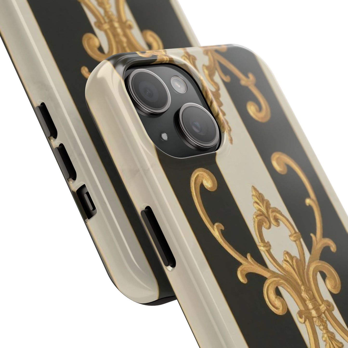 Elegant Black & Alabaster Striped Baroque Tough Phone Cases - Chic Protection, Black Gold Decor, Stylish Accessory, Gift for Her, Trendy Tech
