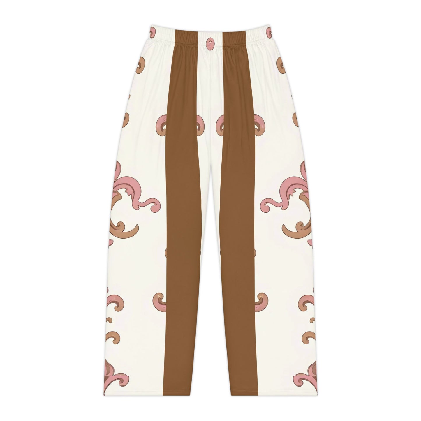 Chic Women's Pajama Pants, Cozy Sleepwear, Trendy Loungewear, Stylish Lounge Pants, Comfort Fashion - Brown Striped Pink Arabesque