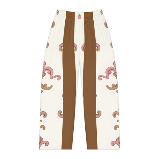 Chic Women's Pajama Pants, Cozy Sleepwear, Trendy Loungewear, Stylish Lounge Pants, Comfort Fashion - Brown Striped Pink Arabesque