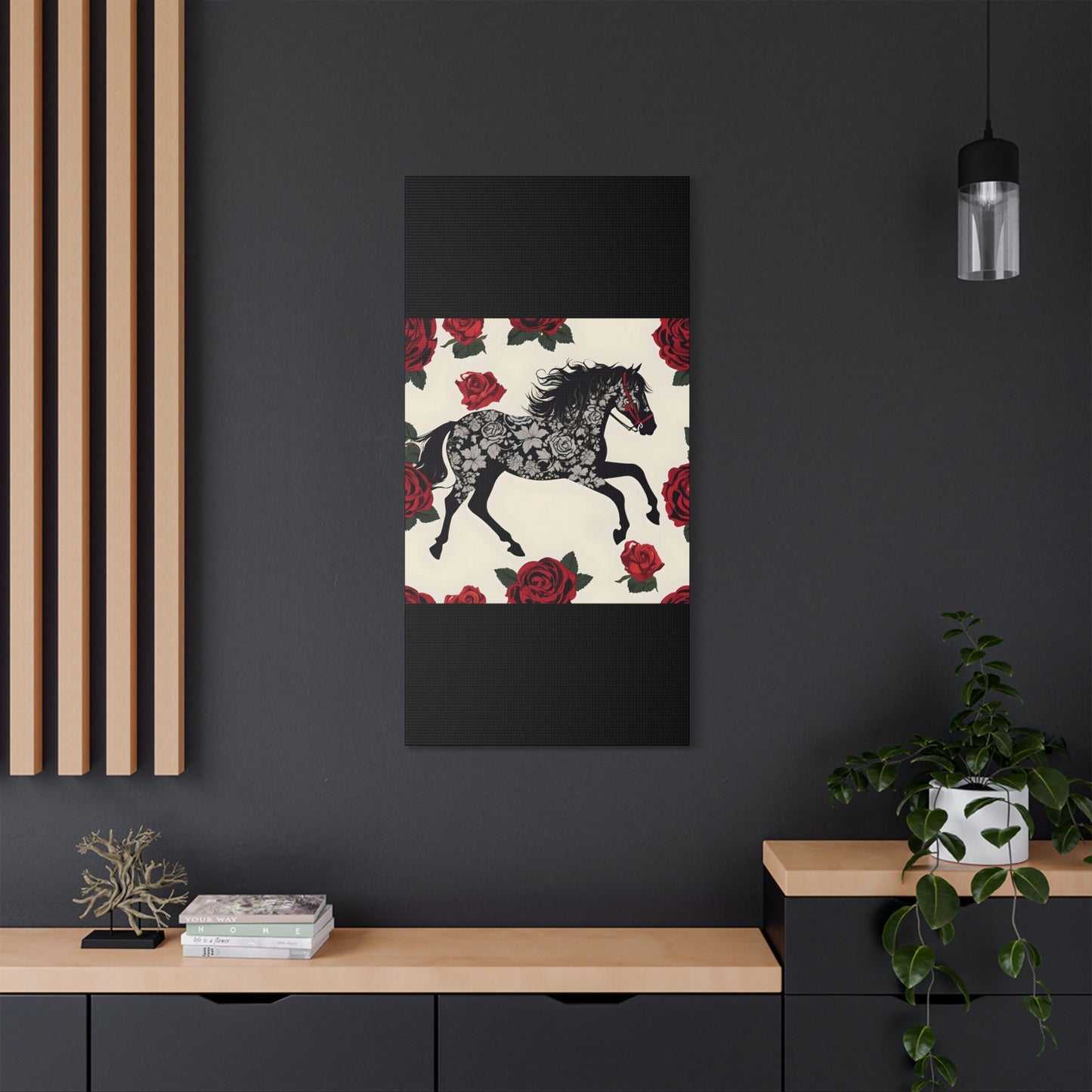 Art Print Canvas, Wall Decor, Satin Stretched Canvas, Equestrian Art, Office Decor, Home Decor - Horse & Roses