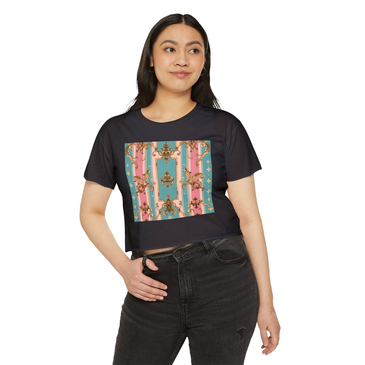 Rococo Festival Crop Top, Summer Crop Tee, Music Festival Clothing, Trendy Women's Fashion - Pink & Matte Turquoise Striped Rococo