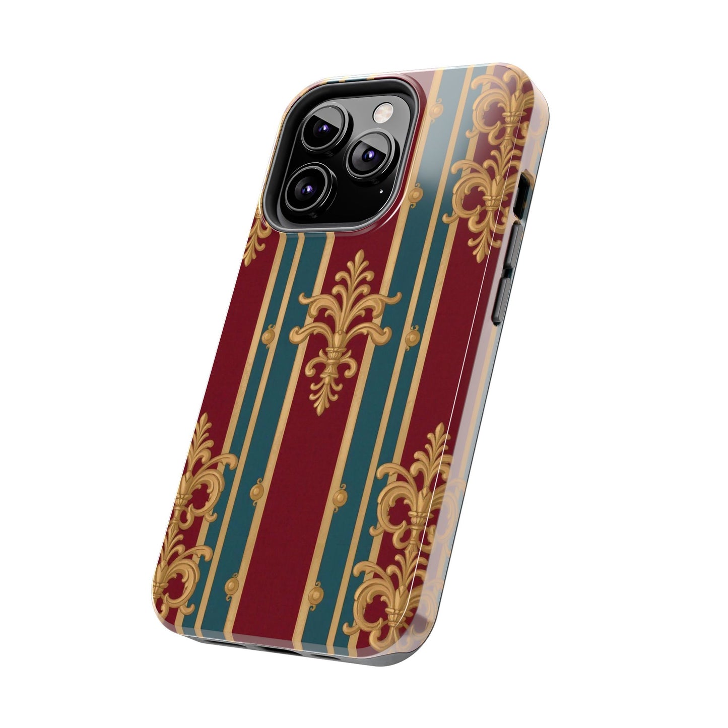 Elegant Vintage Tough Phone Case, Luxury Phone Protection, Stylish Phone Cover, Durable Phone Accessory - Burgundy Striped Gold Baroque