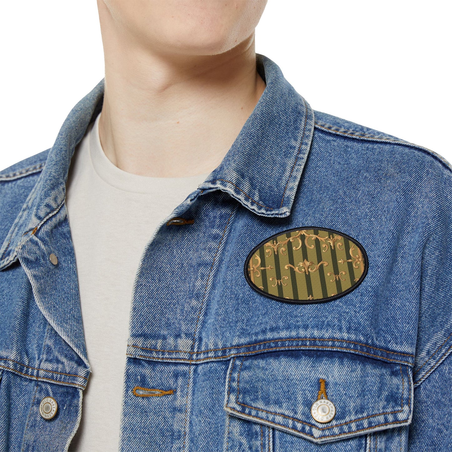 Vintage-Inspired Iron-On Patch for Jackets, Bags, and Crafts | Stylish Embellishments for DIY Projects - Olive Green Striped Rococo
