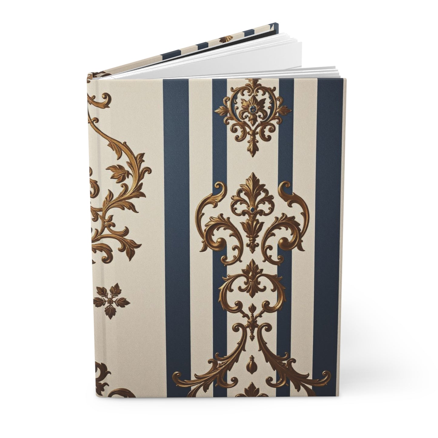 Elegant Floral Motif Hardcover Journal - Stylish Writing Notebook - Alabaster & Blue Striped Damask Design