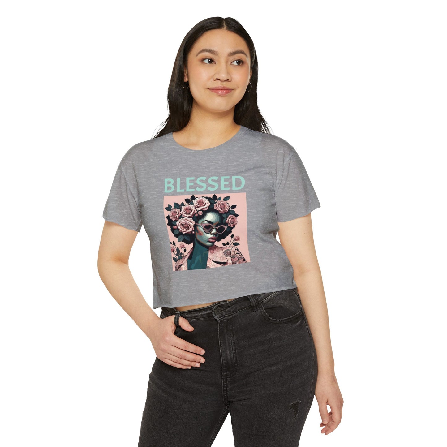 Women's Festival Crop Top - Blessed Graphic Tee, Boho Style Shirt, Summer Outfit, Gift for Her, Festival Wear, Trendy Casual Top - Mint Lettering