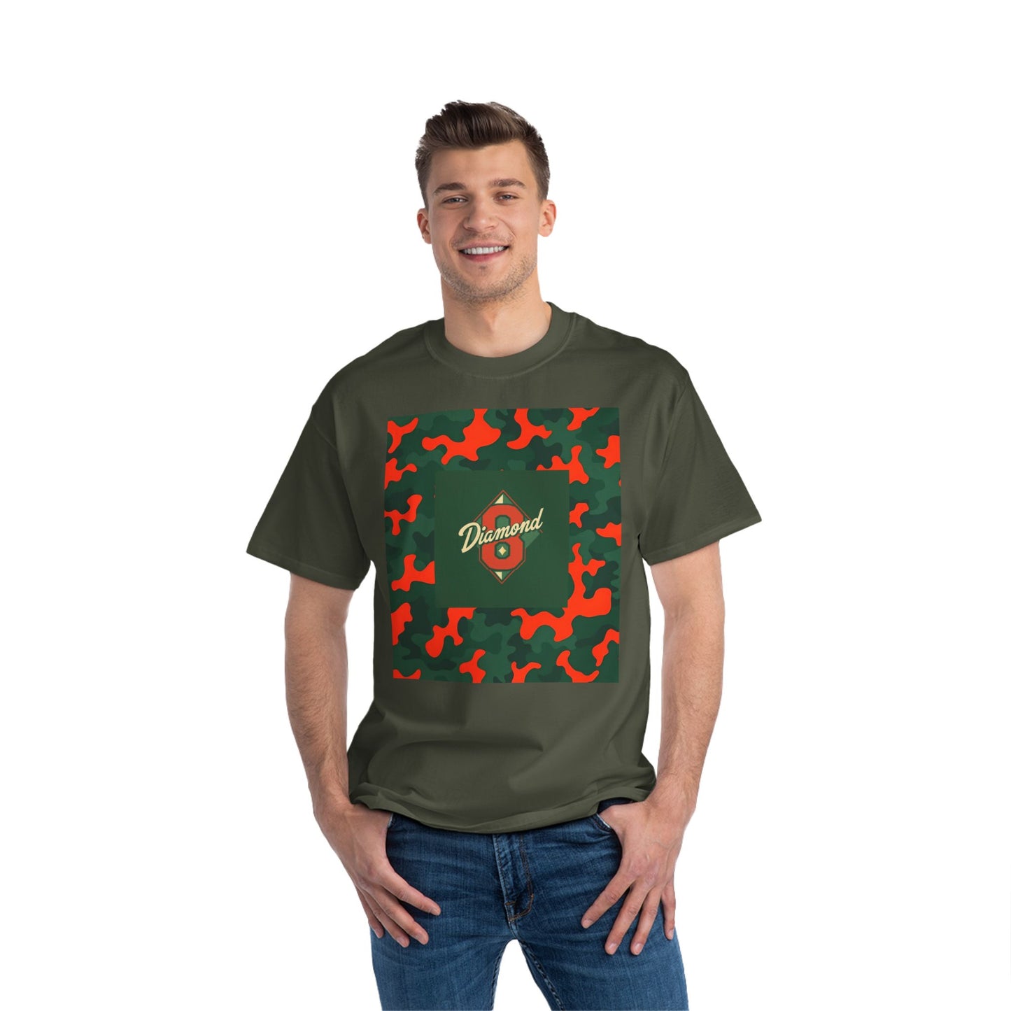 Camo Graphic Tee, Unisex, Trendy Streetwear, Stylish Summer Top, Perfect for Casual Outings - Green & Orange Camo Diamond 8