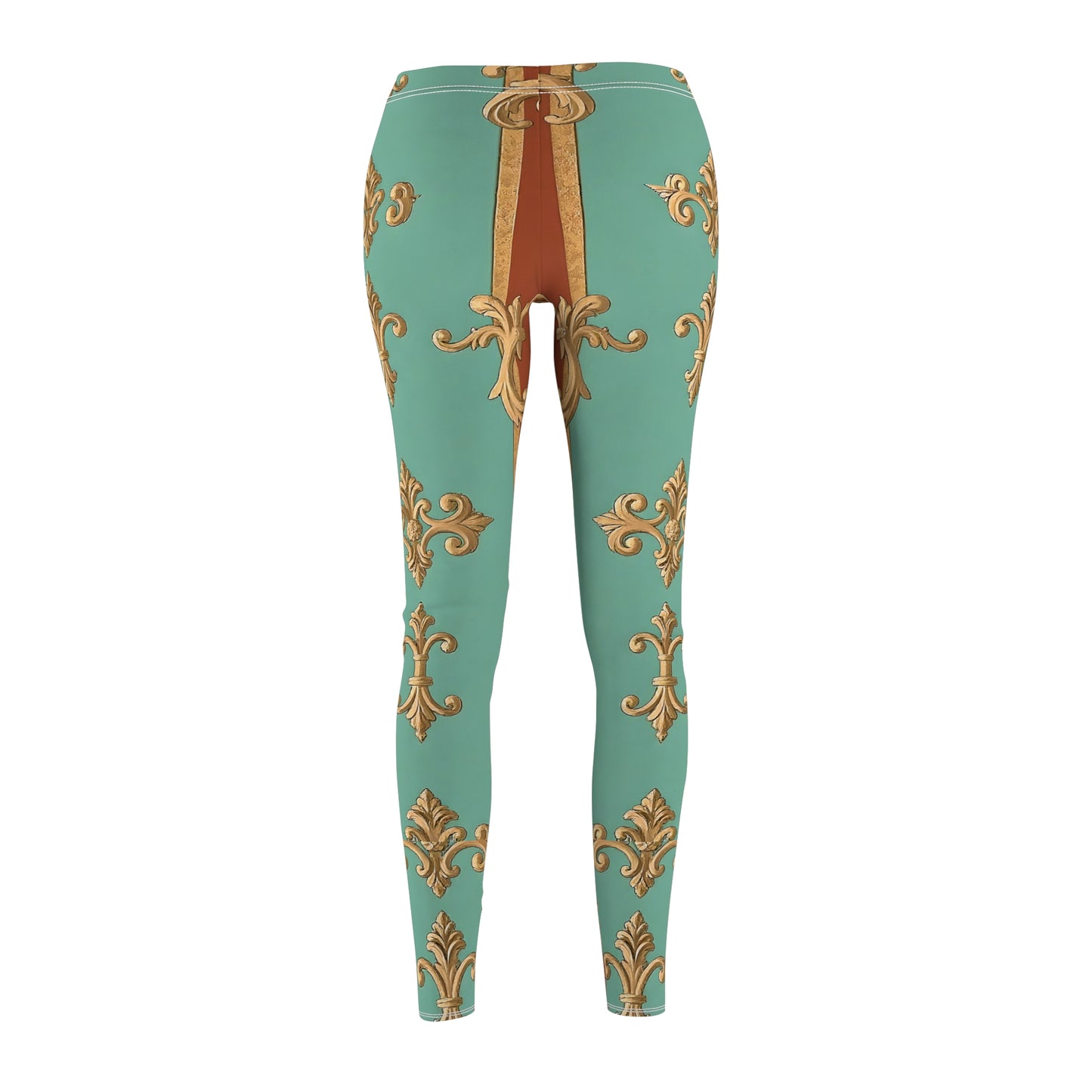 Vintage-Inspired Women’s Cut & Sew Casual Leggings | Elegant Floral Design - Rust & Mint Aqua Striped Baroque