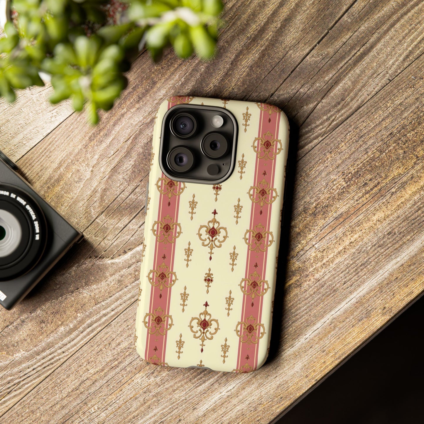 Elegant Floral Motif Phone Case - Tough Cases with Vintage Design - Mauve Striped Gold Damask