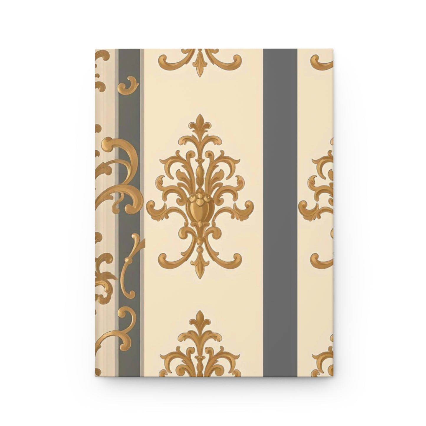 Elegant Floral Motif Hardcover Journal - Stylish Writing Notebook - Dusk Olive Striped Gold Damask