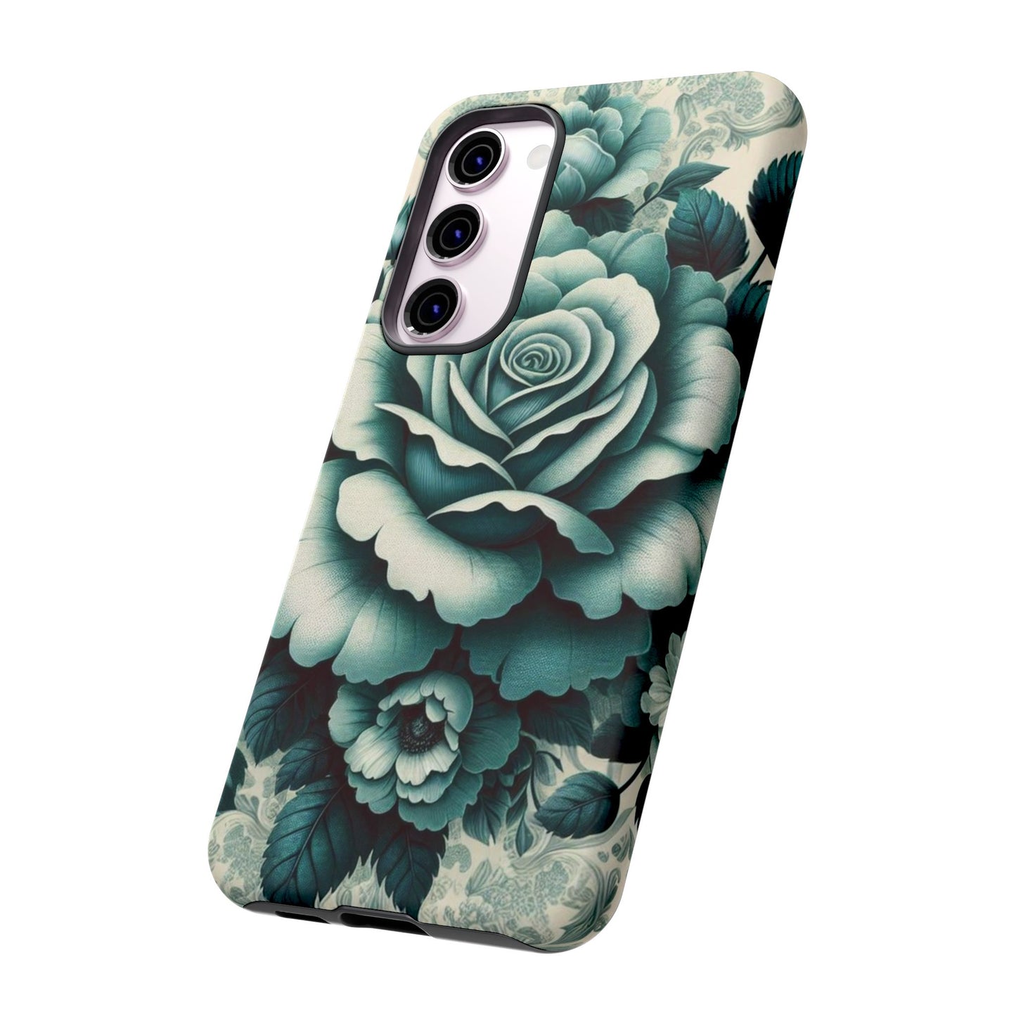 Elegant Floral Motif Phone Case - Tough Cases with Vintage Design - Teal Roses & Damask