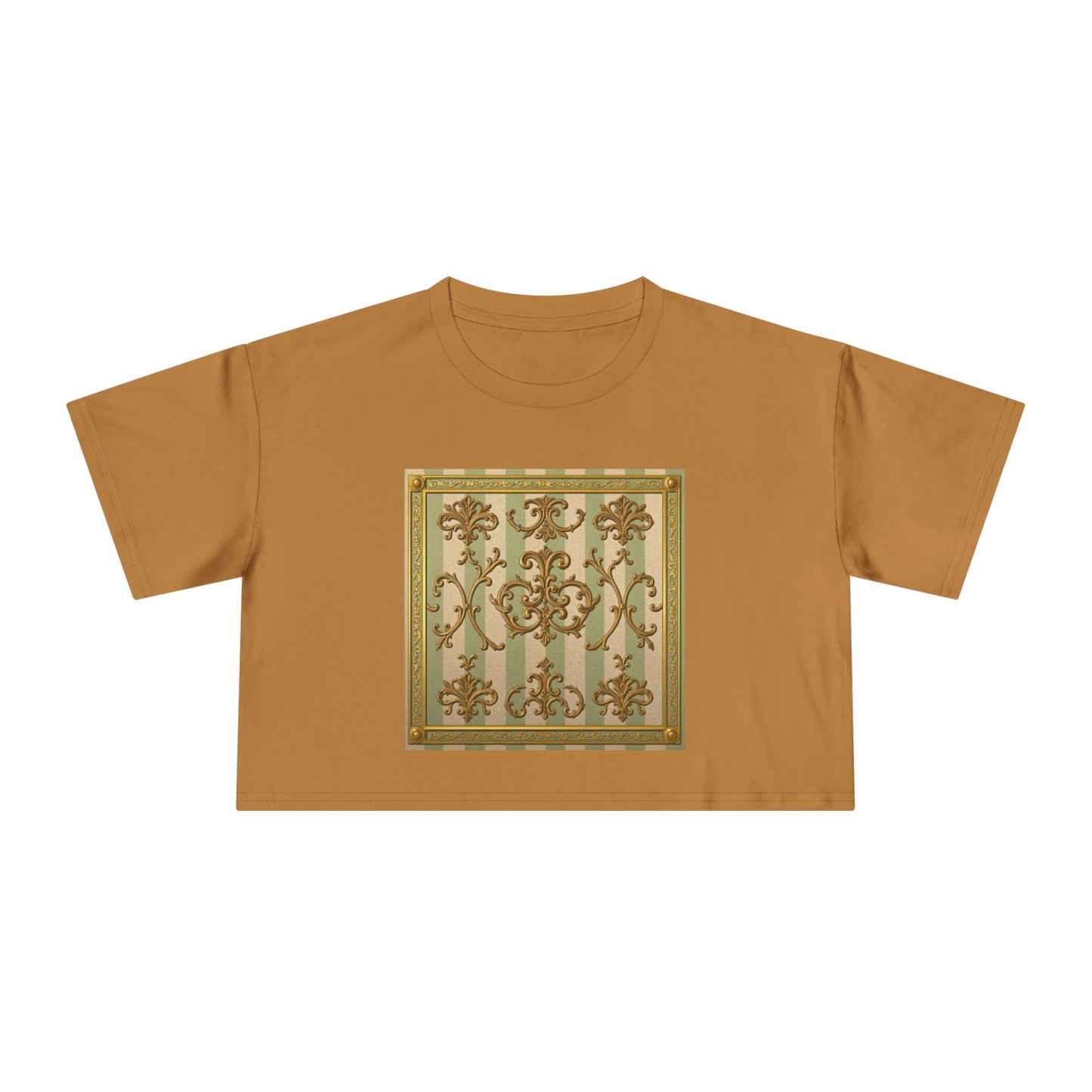 Stylish Women's Crop Tee with Elegant Print, Summer Fashion Top, Casual Chic Shirt, Gift for Her, Trendy Outfit - Mint & Beige Striped Gold Baroque