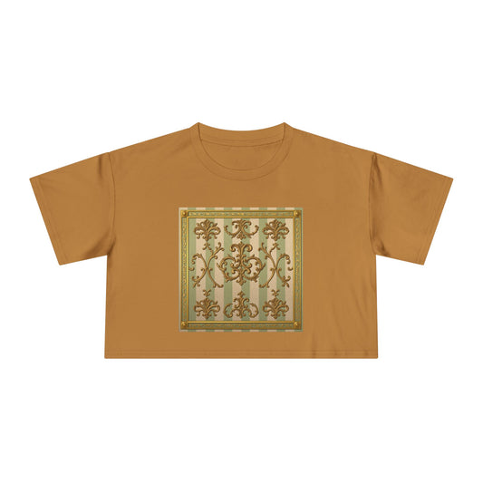 Stylish Women's Crop Tee with Elegant Print, Summer Fashion Top, Casual Chic Shirt, Gift for Her, Trendy Outfit - Mint & Beige Striped Gold Baroque