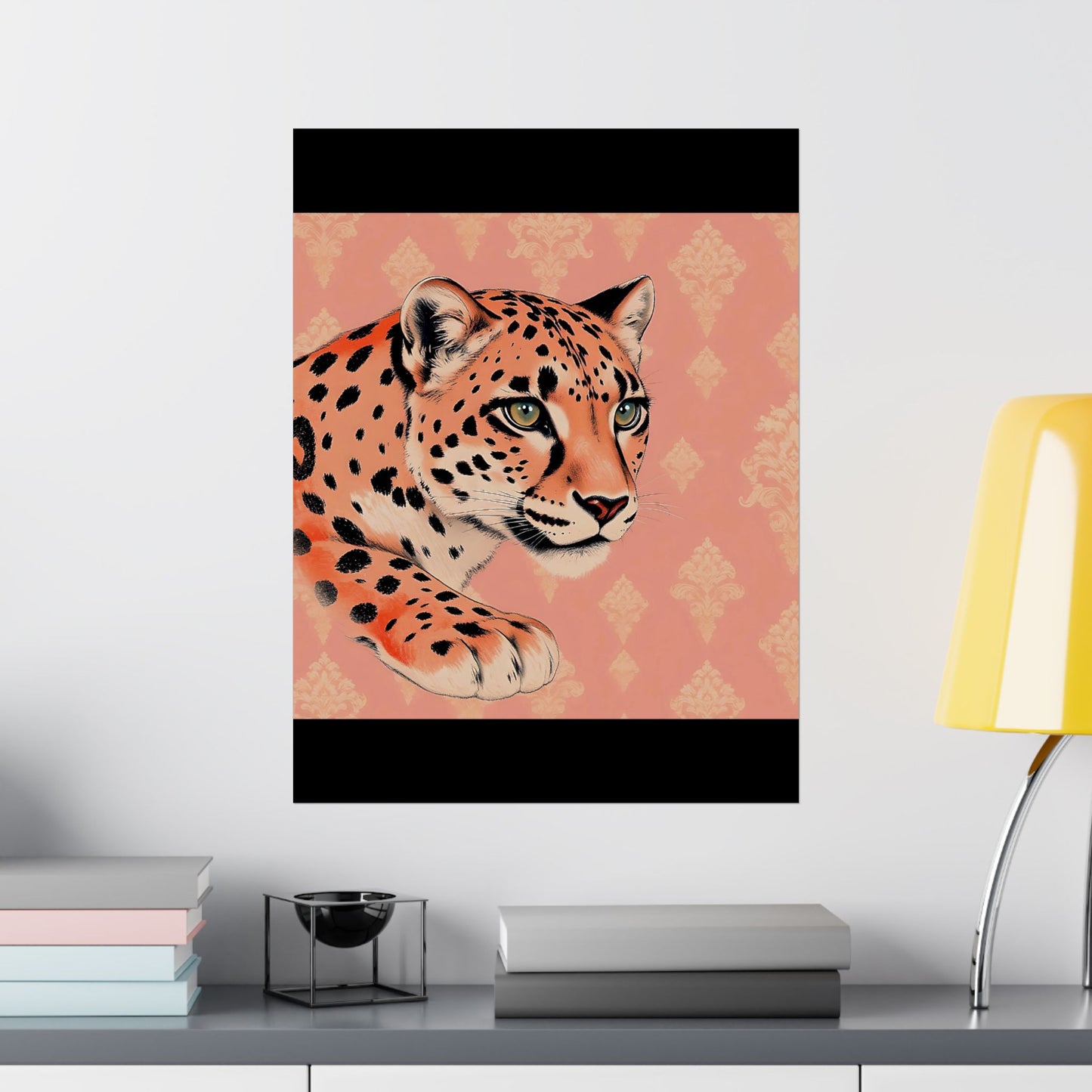 Floral Motif Art Poster - Elegant Matte Vertical Wall Decor - Peach Leopard & Damask
