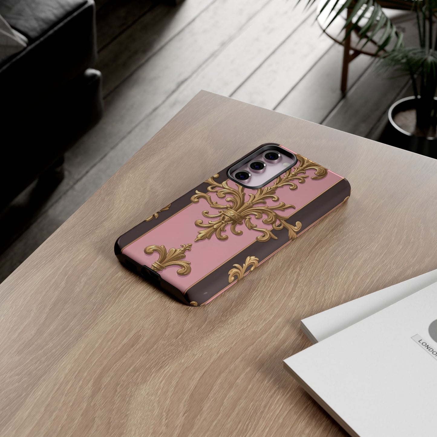 Elegant Floral Motif Phone Case - Tough Cases with Vintage Design - Pink & Brown Striped Gold Damask