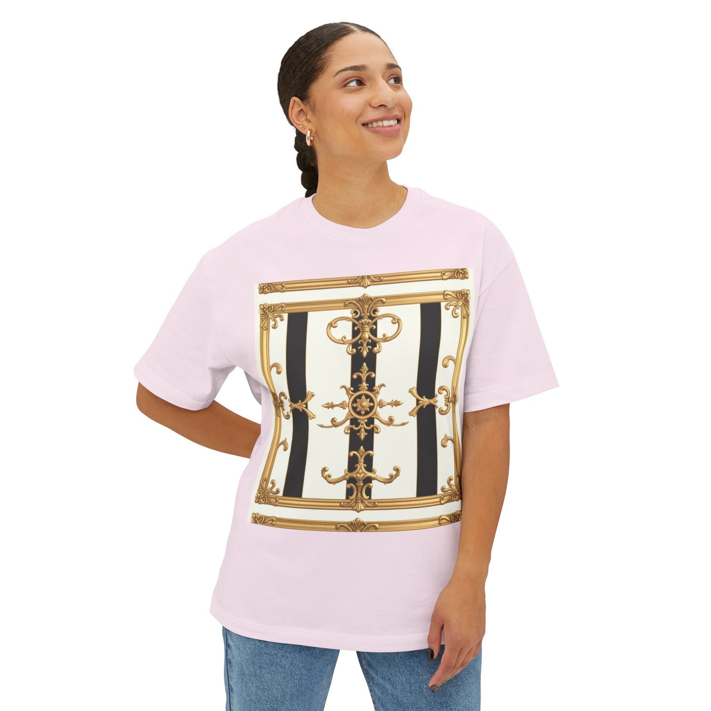 Chic Oversized Boxy Tee with Elegant Gold Design, Fashion T-Shirt, Streetwear Top, Casual Wear - Black & White Striped Gold Baroque
