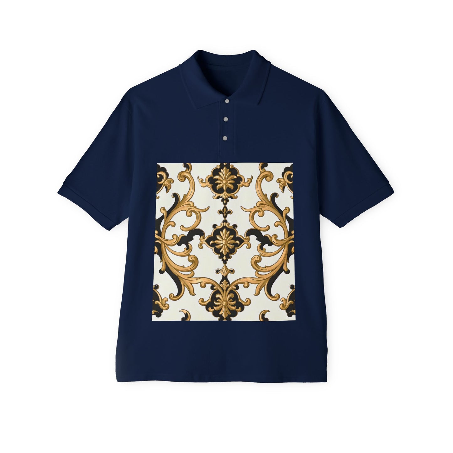 Stylish Men's Piqué Polo Shirt with Elegant Design - Perfect for Casual Events, Golf, Summer Days, Gifts - Black & Gold Rococo