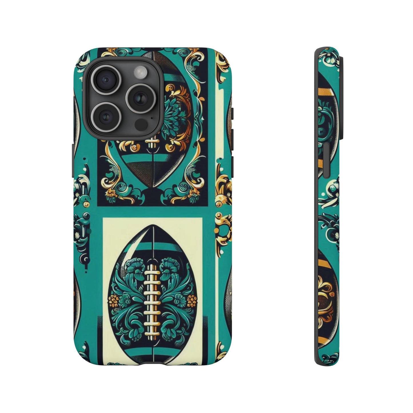 Elegant Floral Motif Phone Case - Tough Cases with Vintage Design -  Damask Teal, Gold & Black Footballs