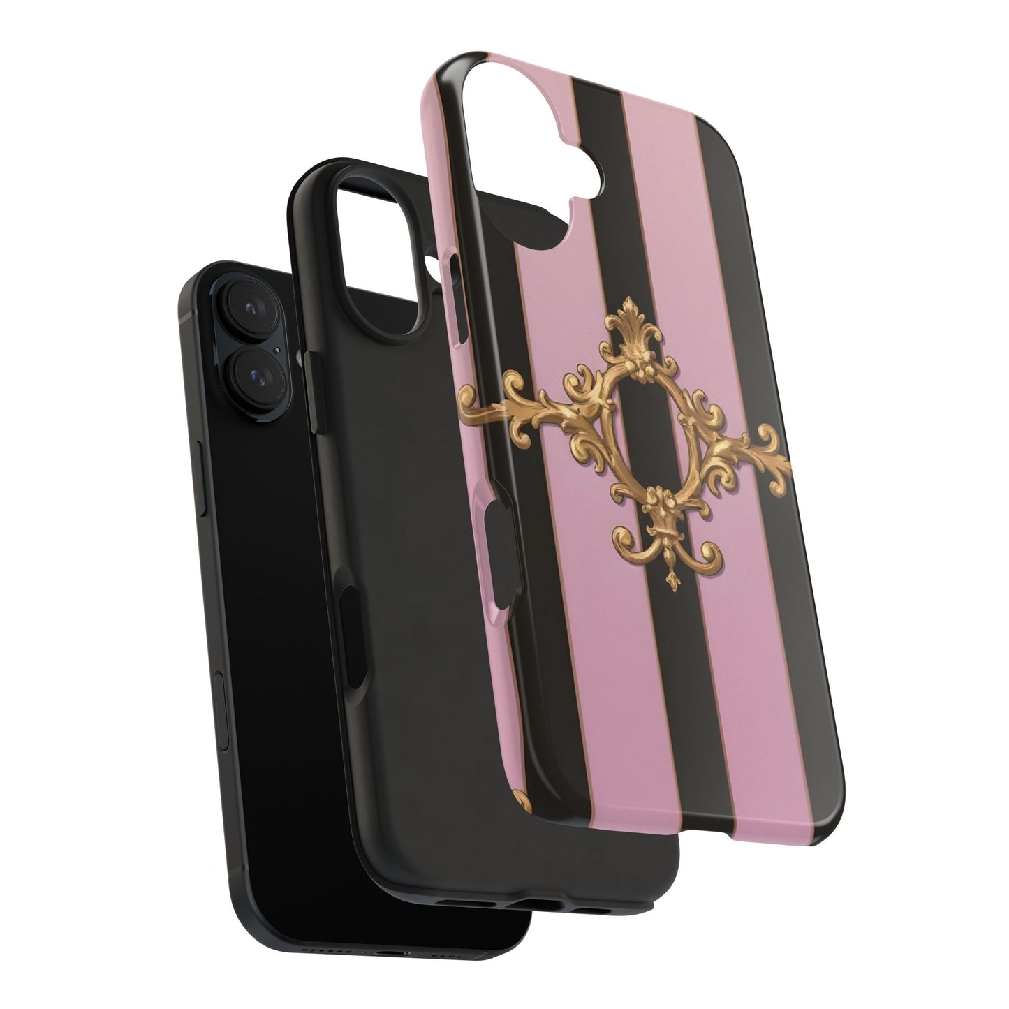 Stylish Tough Phone Case for Elegant Protection, Fashionable Accessories, Smartphone Cover - Matte Lavender & Black Striped Gold Baroque