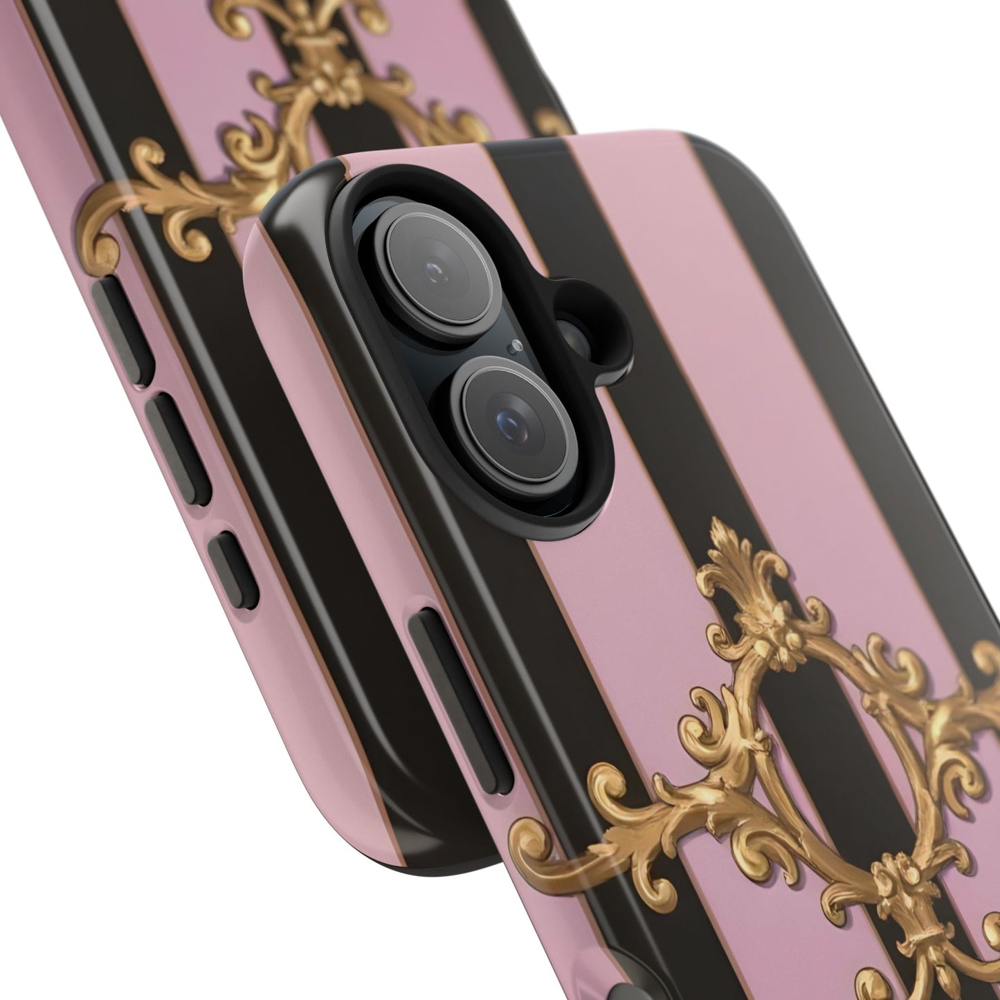 Stylish Tough Phone Case for Elegant Protection, Fashionable Accessories, Smartphone Cover - Matte Lavender & Black Striped Gold Baroque