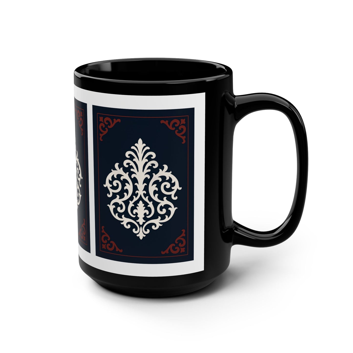 Dusk Blue-Maroon & White Baroque Black 15oz Mug — Elegant White Filigree on Navy Panels