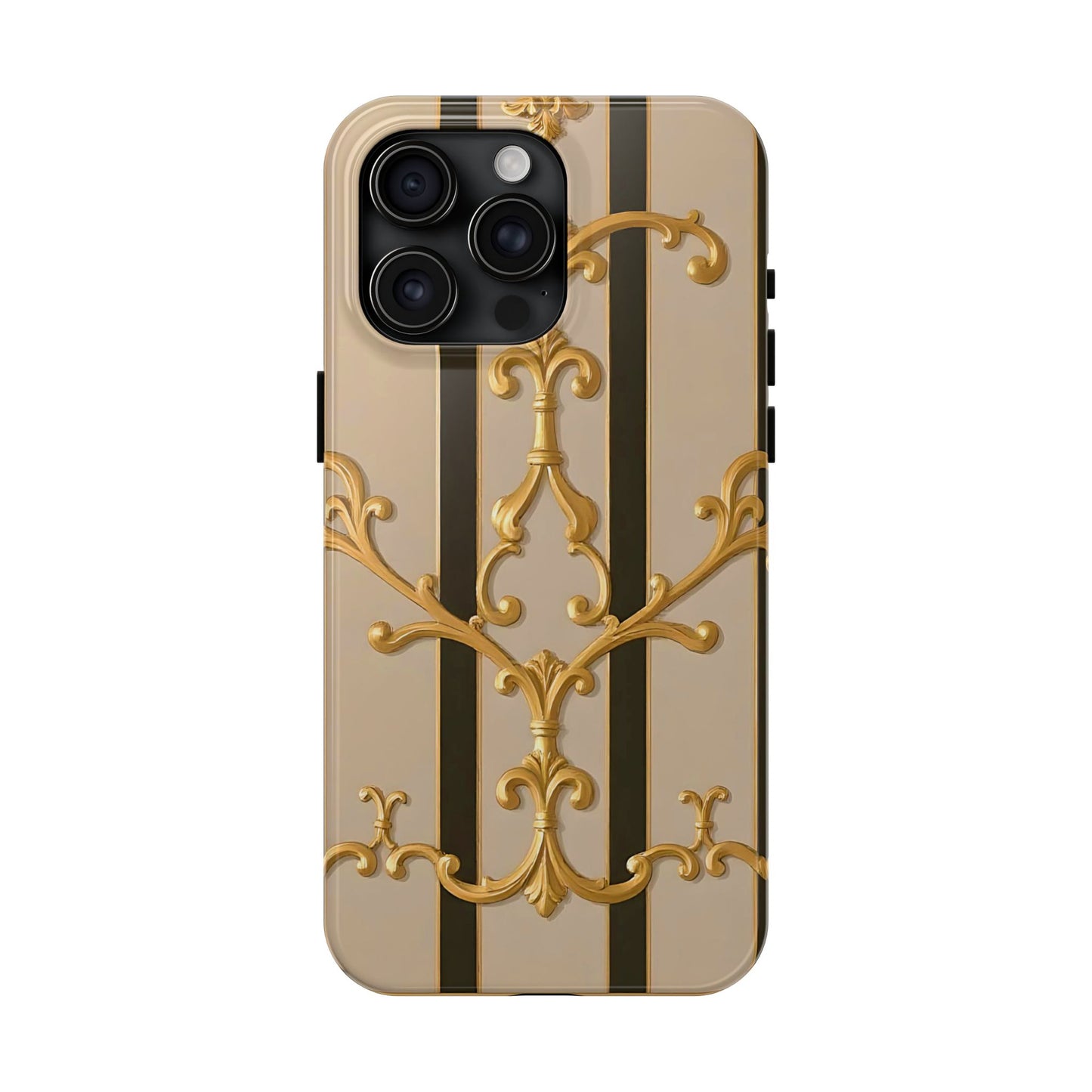 Elegant Vintage Tough Phone Case, Stylish Phone Cover, Boho Accessories, Perfect Gift for Her - Beige Striped Gold Rococo