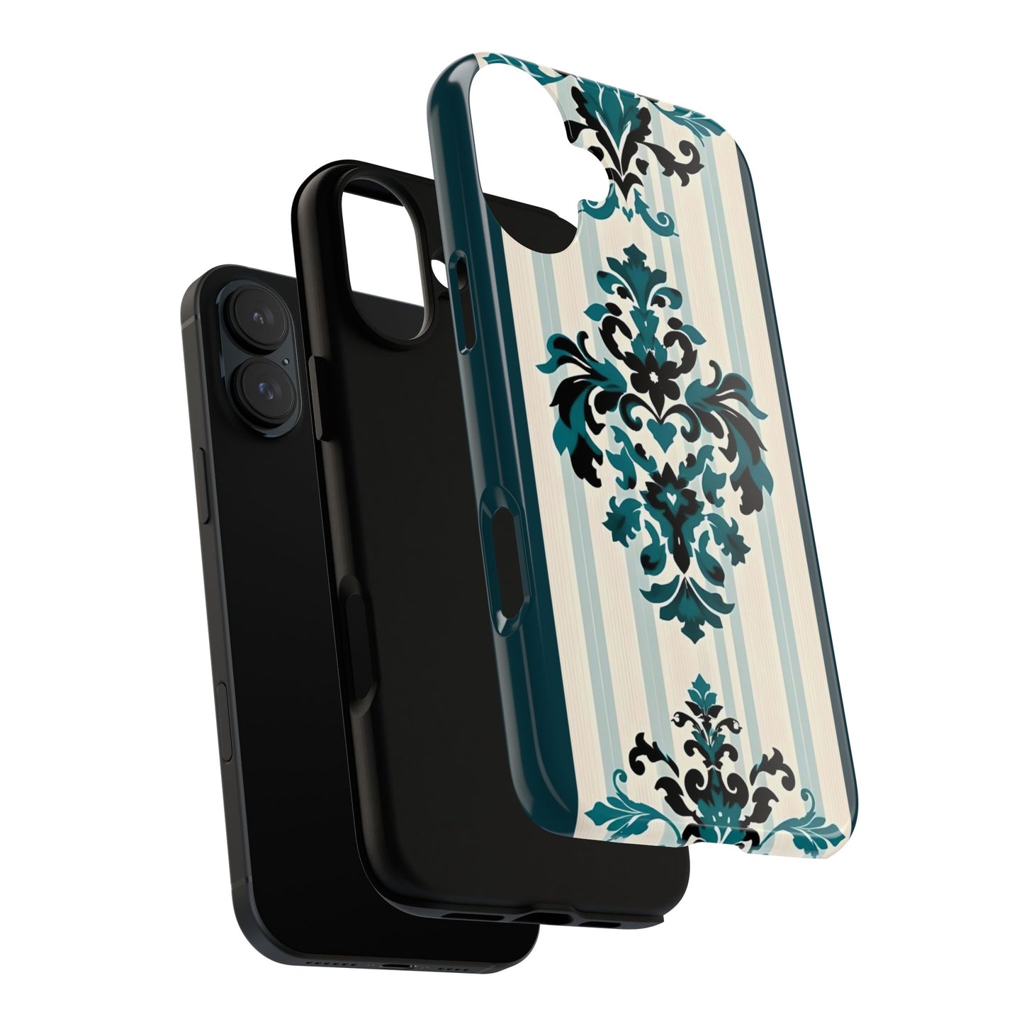 Elegant Floral Phone Case - Tough Cases with Vintage Design - Teal Striped Damask
