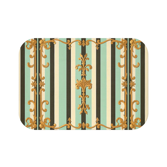 Elegant Vintage Bath Mat with Striped Design, Luxurious Bathroom Decor, Stylish Shower Mat - Black & Matte Mint Striped Rococo