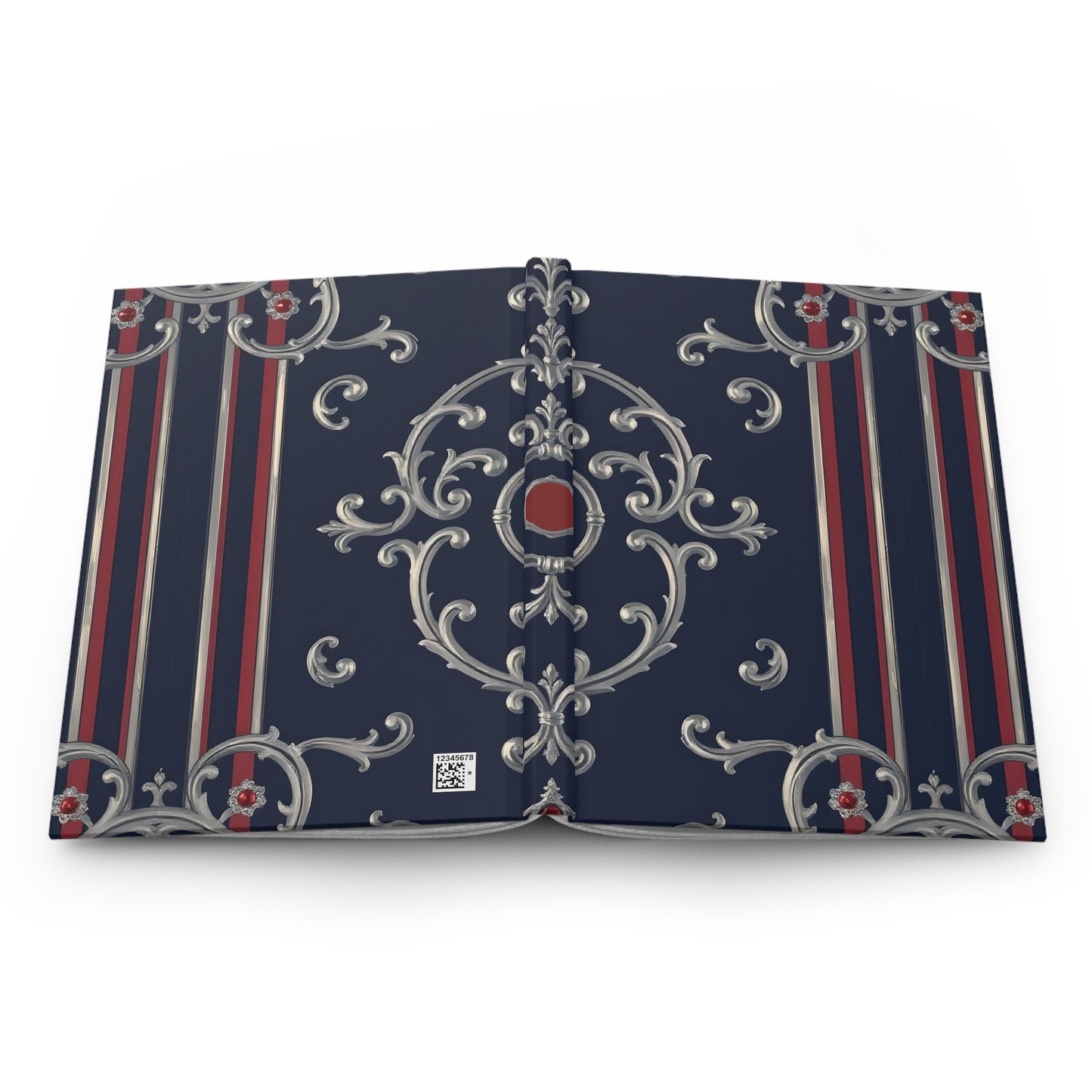 Elegant Floral Hardcover Journal, Stylish Notebook, Gold Accents, Perfect Gift for Writers - Blue & Red Striped Silver Baroque