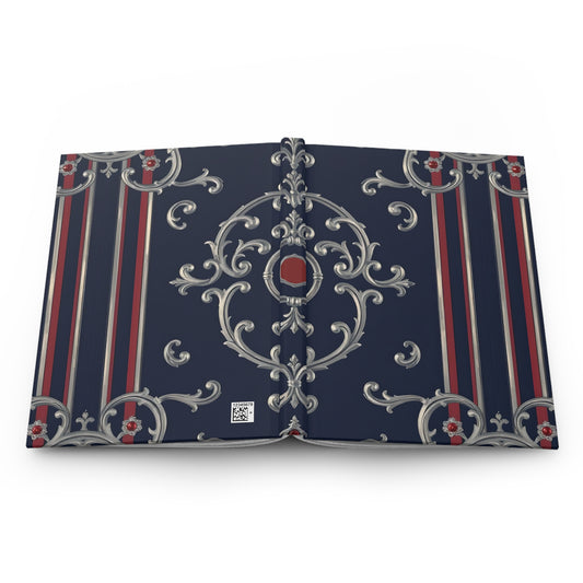 Elegant Floral Hardcover Journal, Stylish Notebook, Gold Accents, Perfect Gift for Writers - Blue & Red Striped Silver Baroque