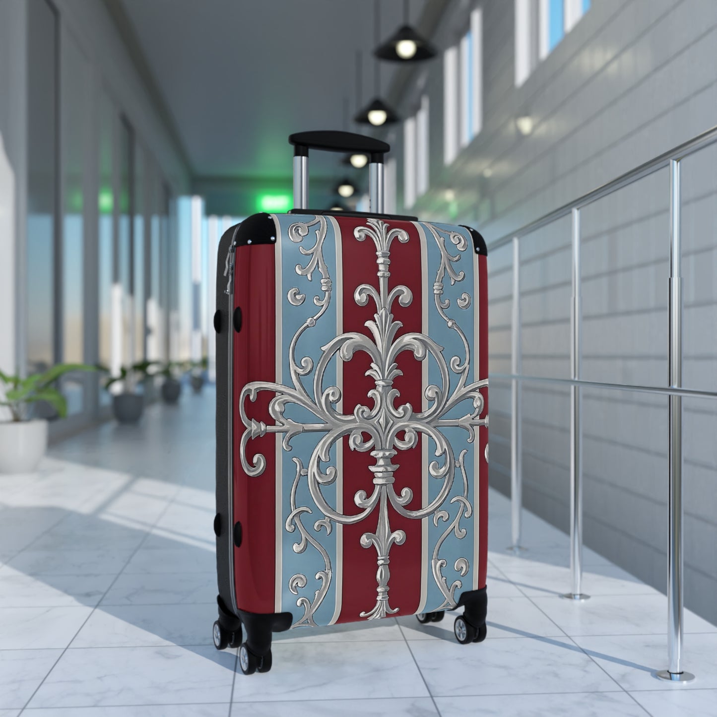 Stylish Travel Suitcase with Elegant Floral Design - Ice Blue & Burgundy Striped Baroque