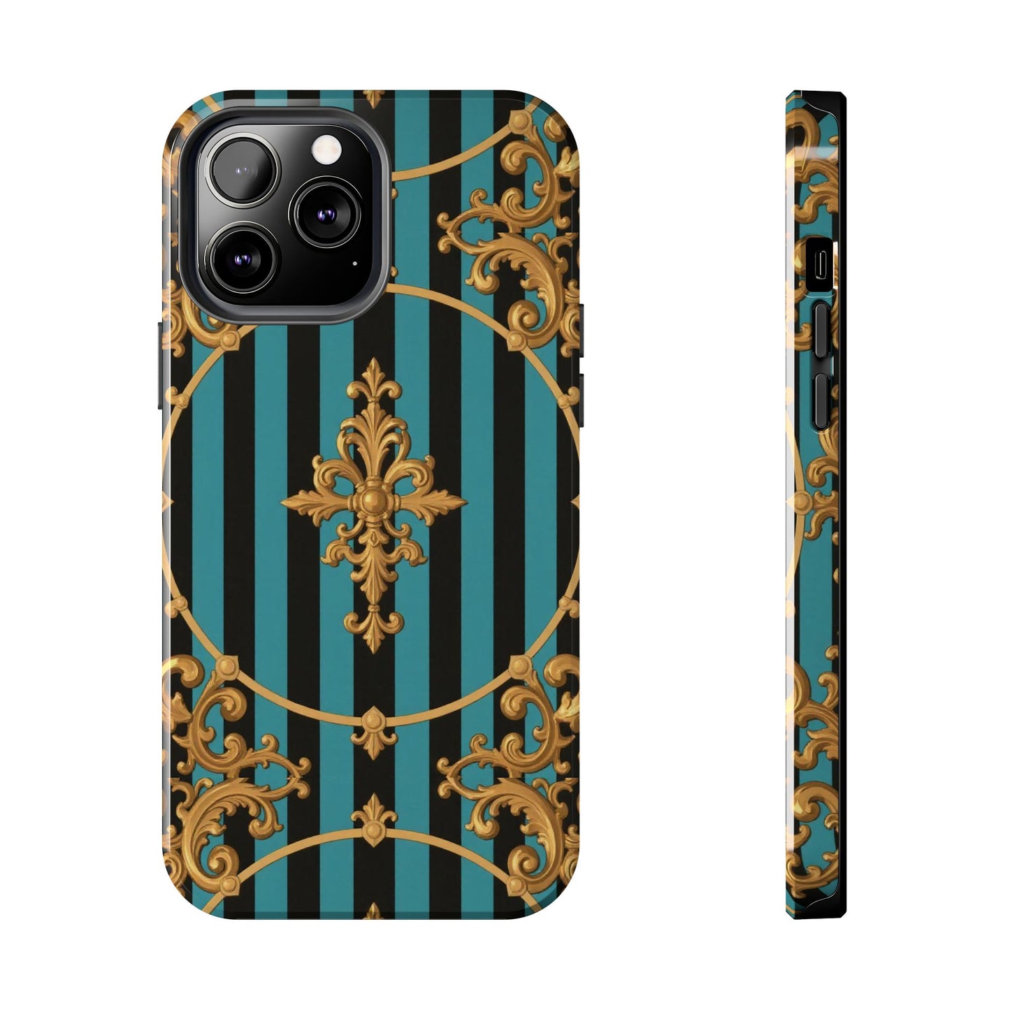 Elegant Turquoise & Black Striped Gold Baroque Phone Case, Tough Phone Cases for Fashion Lovers, Gift for Her, Luxury Accessories