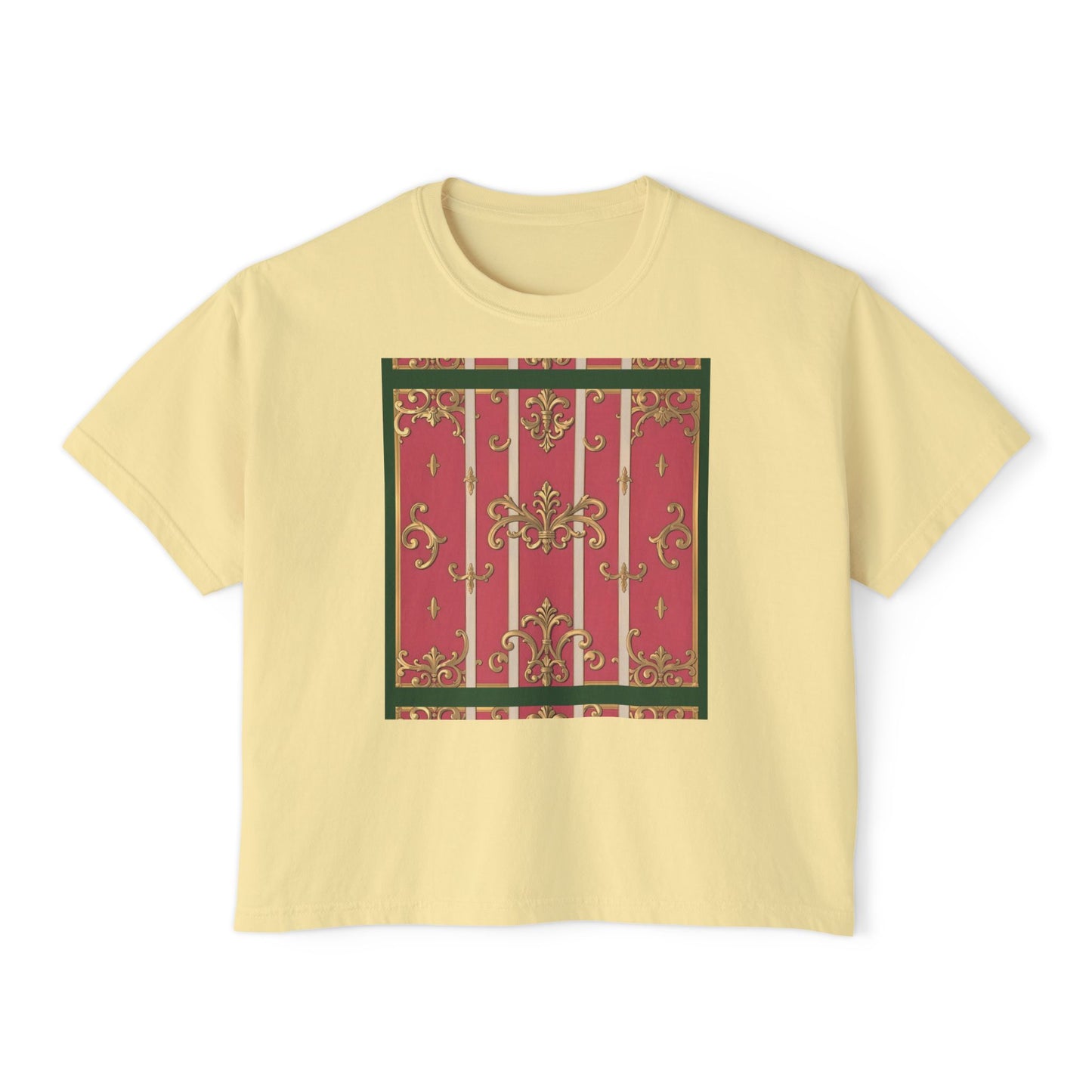 Women's Boxy Tee with Elegant Green Border Pink Striped Baroque Design, Casual Summer Top, Gift for Her, Trendy T-Shirt, Stylish Everyday Wear
