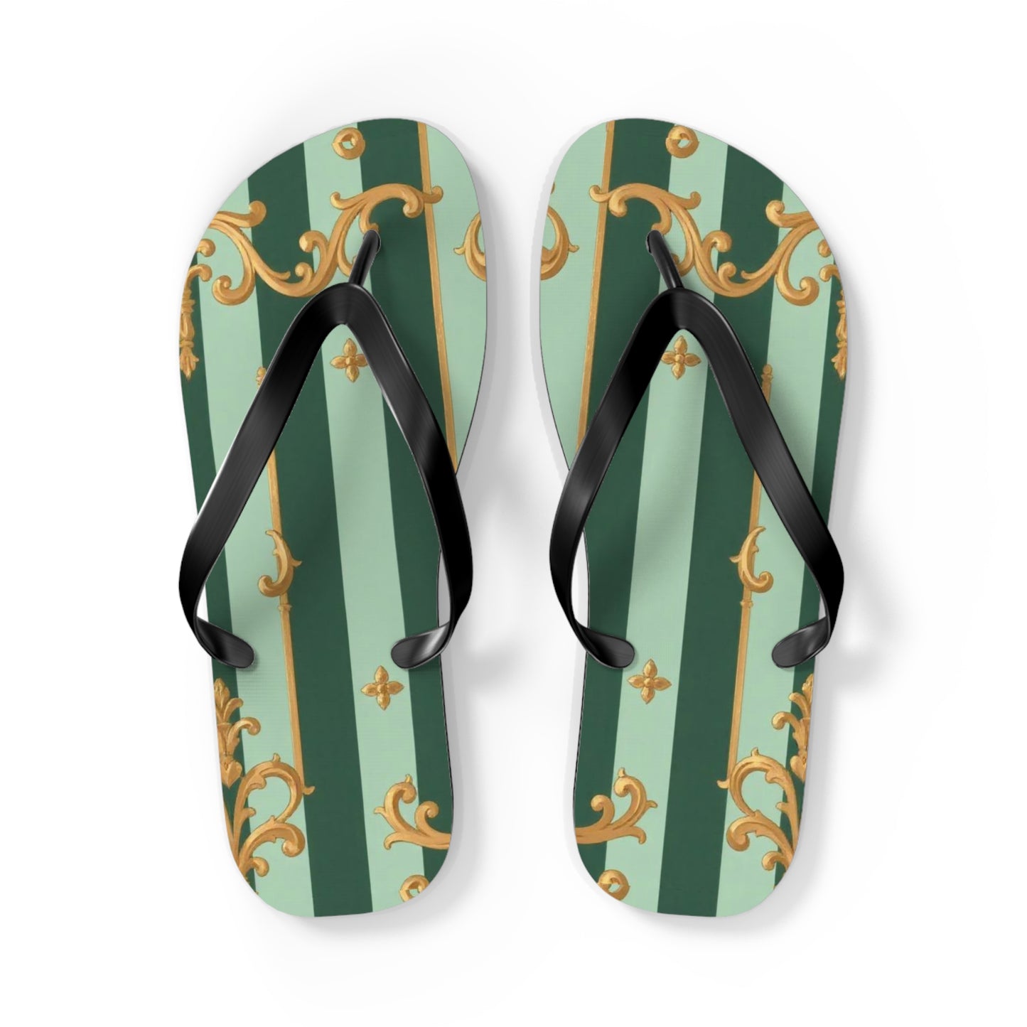 Elegant Patterned Flip Flops for Summer Fun, Beach Sandals, Casual Footwear, Vacation Essentials - Mint Green & Teal Striped Gold Baroque