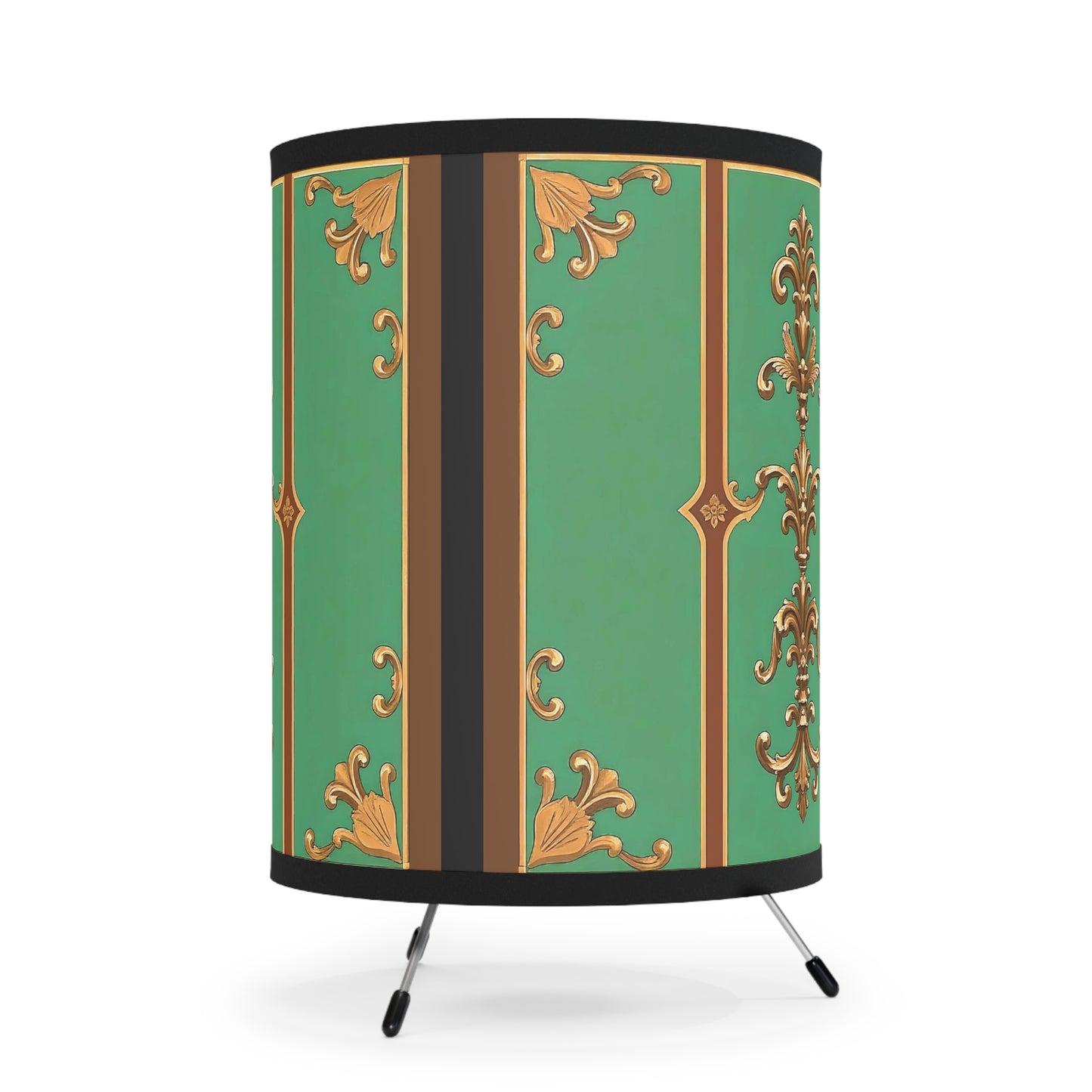 Elegant Tripod Lamp with Vintage Florals - High-Res Printed Shade - Rust & Green Striped Baroque