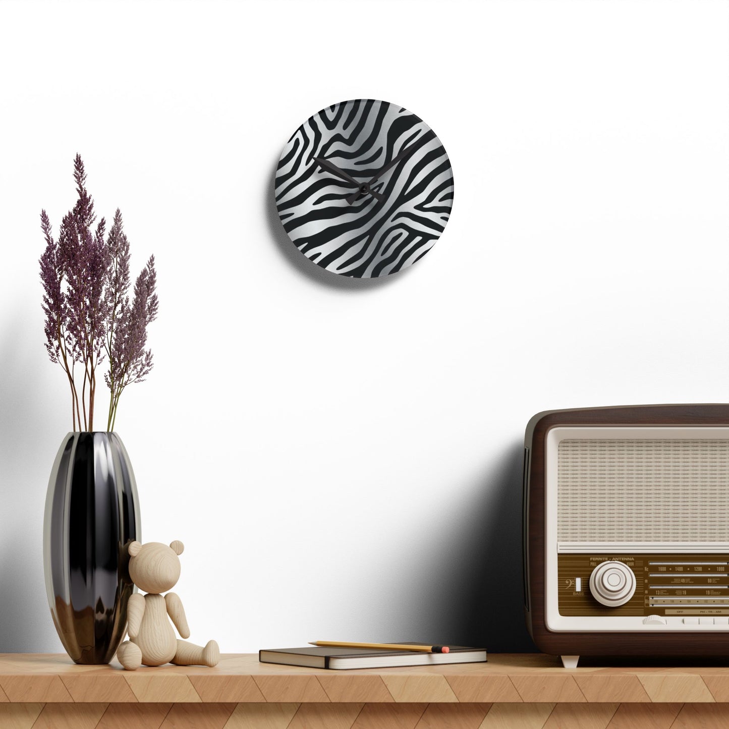 Stylish Zebra Print Acrylic Wall Clock - Modern Home Decor Accent - Silver