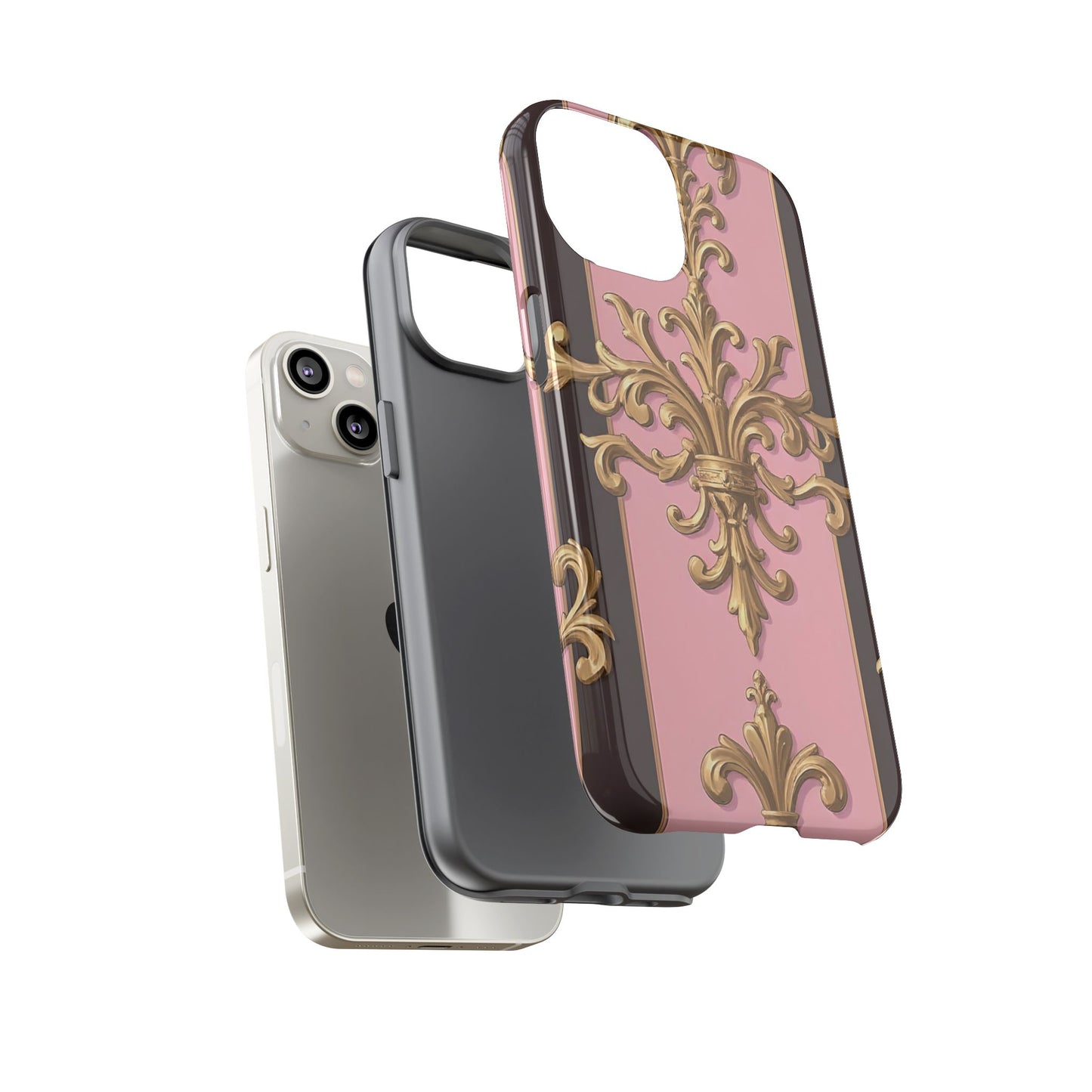 Elegant Floral Motif Phone Case - Tough Cases with Vintage Design - Pink & Brown Striped Gold Damask