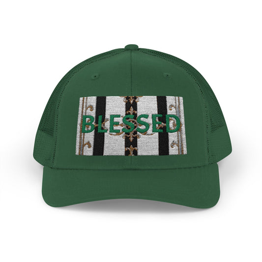 Blessed Snapback Trucker Cap | Casual Style, Outdoor Gear, Faith-Based Gift, Adjustable Hat, Everyday Fashion - Black & White Striped Gold Baroque