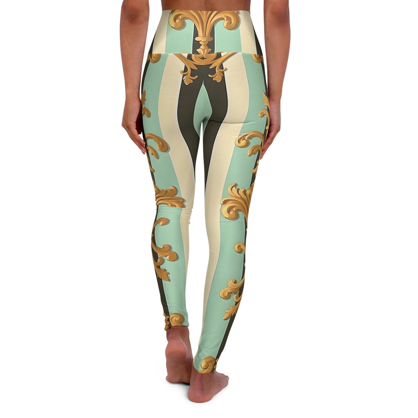 Chic High Waisted Yoga Leggings, Stylish Workout Tights, Fitness Apparel, Activewear for Yoga - Black & Matte Mint Striped Rococo