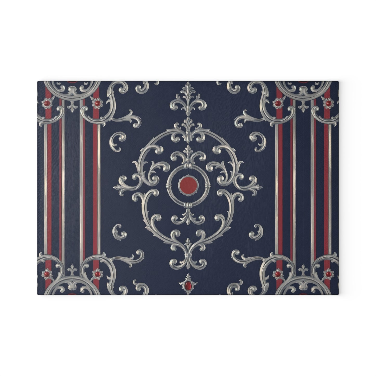 Elegant Glass Cutting Board, Decorative Kitchen Art, Housewarming Gift, Unique Kitchen Decor, Serving Tray - Blue & Red Striped Silver Baroque