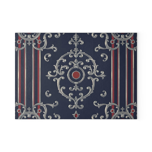 Elegant Glass Cutting Board, Decorative Kitchen Art, Housewarming Gift, Unique Kitchen Decor, Serving Tray - Blue & Red Striped Silver Baroque