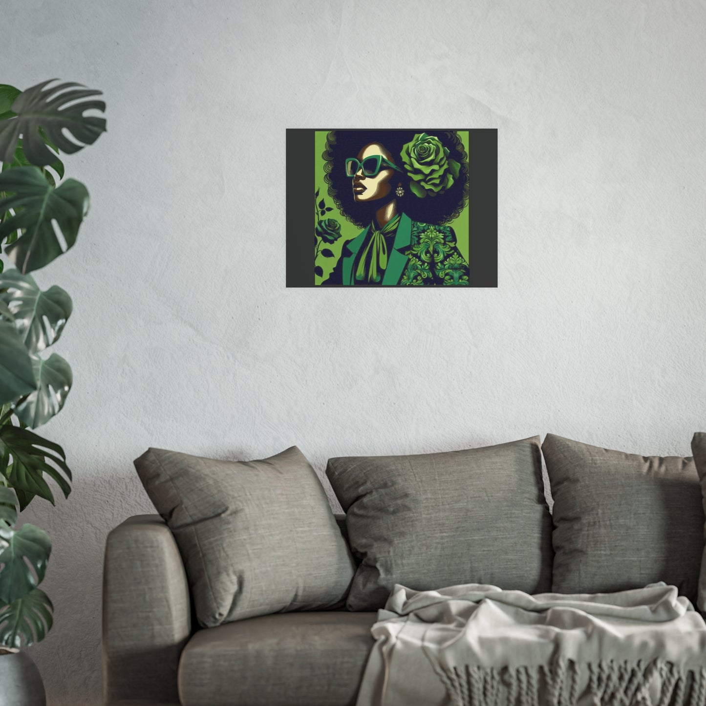 Chic Afrocentric Art Poster, Vibrant Wall Décor, Stylish Home Decoration, Damask Chic Art Print - Lady In Green Damask